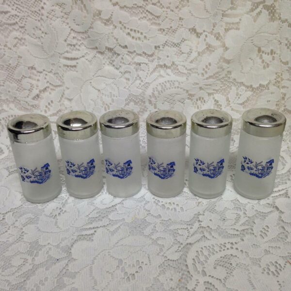 Vintage, 6pc Blue Willow Glass Spice Jars with Chrome Metal Rack