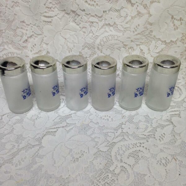 Vintage, 6pc Blue Willow Glass Spice Jars with Chrome Metal Rack