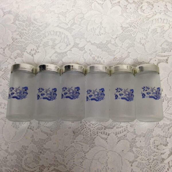 Vintage, 6pc Blue Willow Glass Spice Jars with Chrome Metal Rack