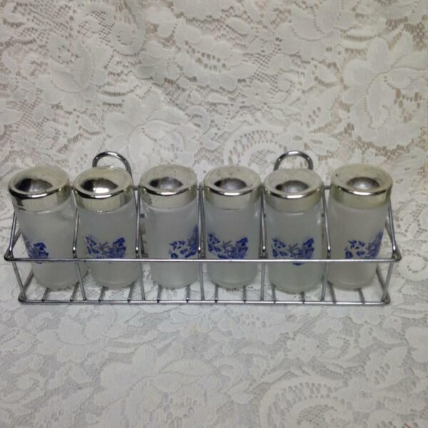 Vintage, 6pc Blue Willow Glass Spice Jars with Chrome Metal Rack