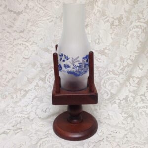 Vintage, 2pc Blue Willow Wooden Candle Table Lamp 10in H x 4.5in sq