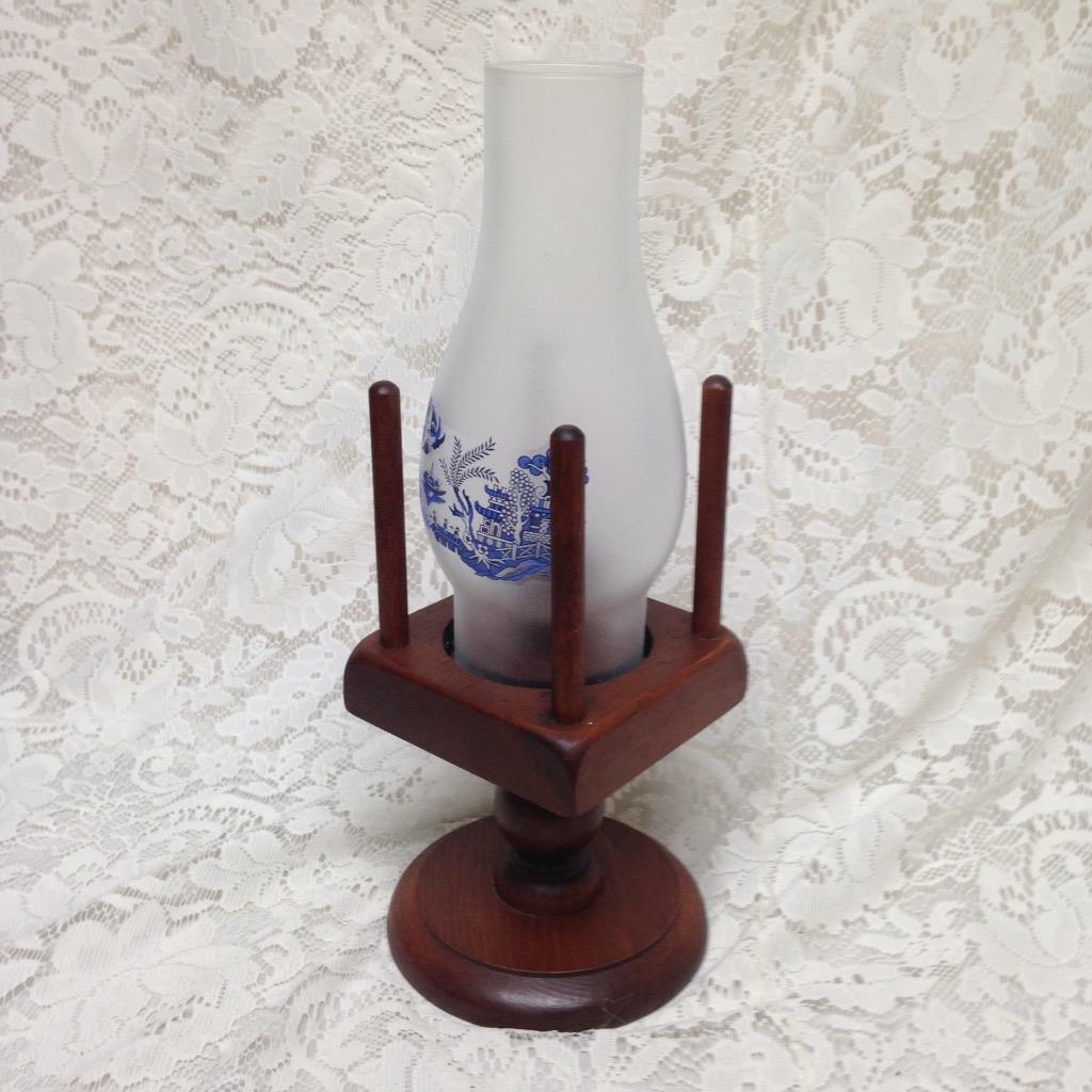 Vintage, 2pc Blue Willow Wooden Candle Table Lamp 10in H x 4.5in sq