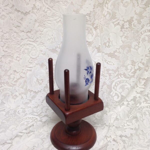 Vintage, 2pc Blue Willow Wooden Candle Table Lamp 10in H x 4.5in sq