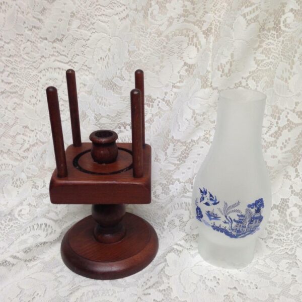 Vintage, 2pc Blue Willow Wooden Candle Table Lamp 10in H x 4.5in sq