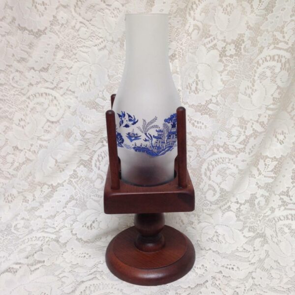 Vintage, 2pc Blue Willow Wooden Candle Table Lamp 10in H x 4.5in sq