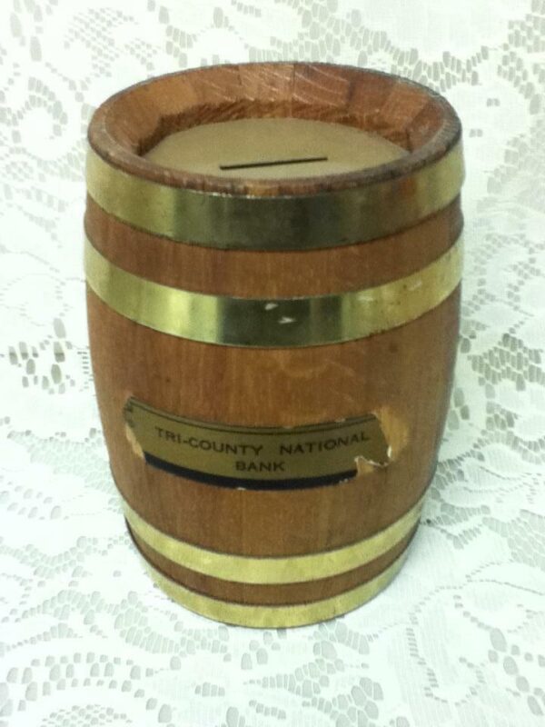 Tri-county National Bank Barrel Shape Savings Coin Bank 6.5in x 4in