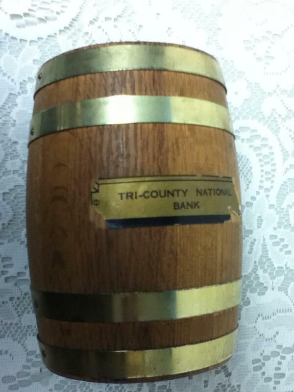 Tri-county National Bank Barrel Shape Savings Coin Bank 6.5in x 4in