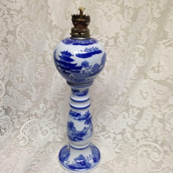 Ironstone, Rare, 11.5in T Variant, Blue Willow Chamber Oil Lamp