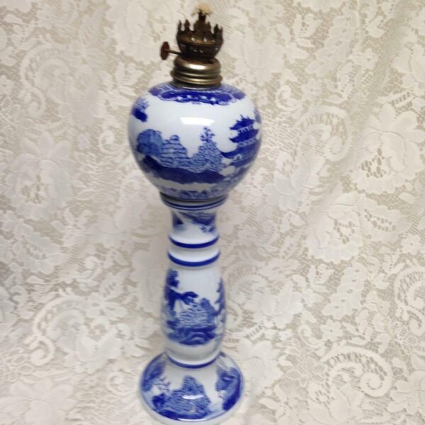 Ironstone, Rare, 11.5in T Variant, Blue Willow Chamber Oil Lamp