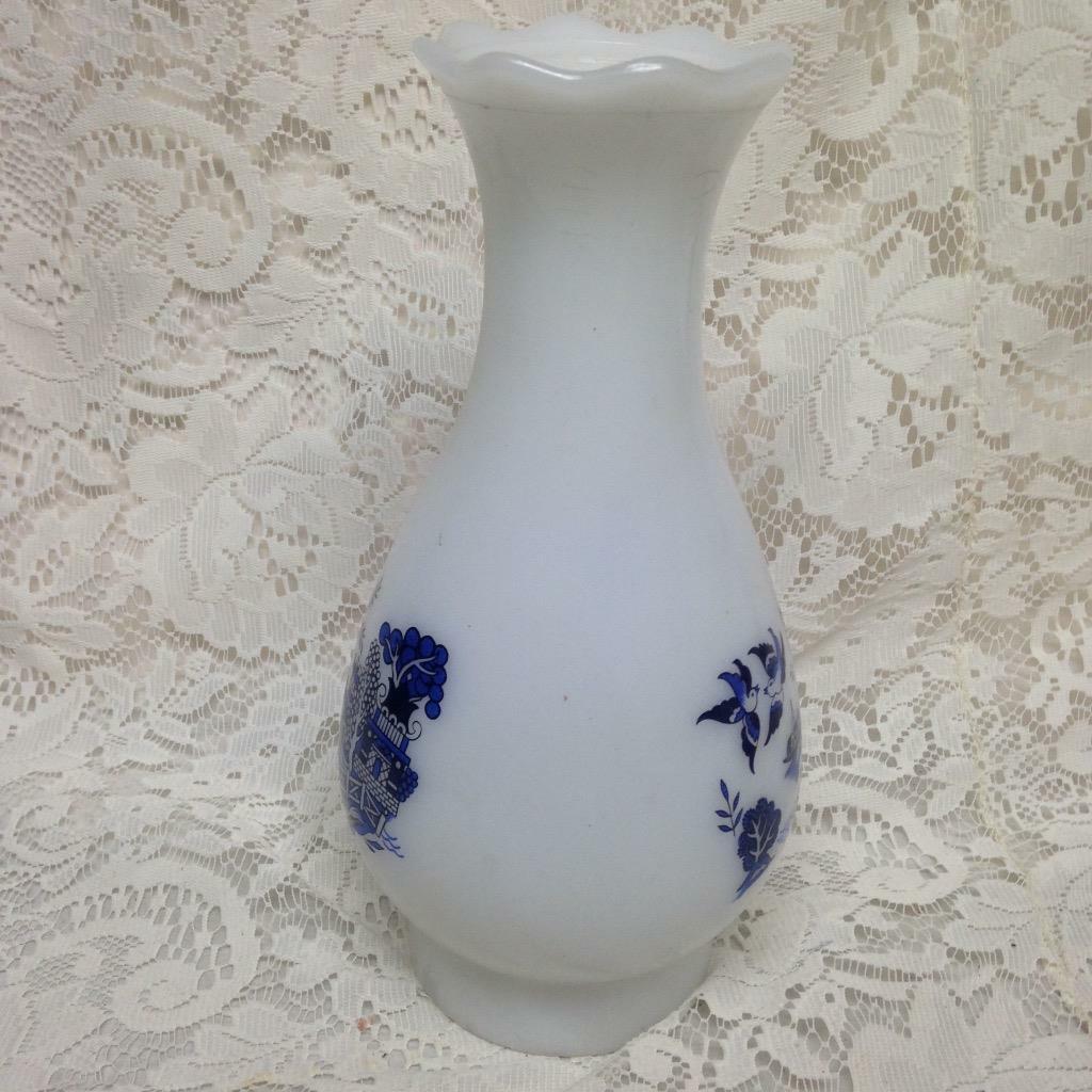 Vintage, Blue Willow Large Milk Glass Chimney 10in H x 5.5in W