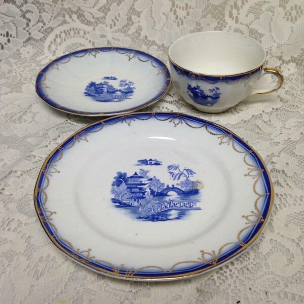 Vintage, Limoges USA Flow Blue Willow Trio Tea Set (#1)