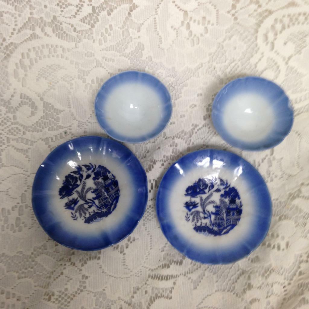 Vintage, Flow Blue Willow, Porcelain, 2 Dessert Set or Sake Set