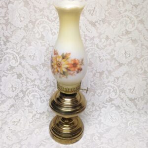 Brass Kerosene Lamp with Floral Milk Glass Chimney 18in x 10in