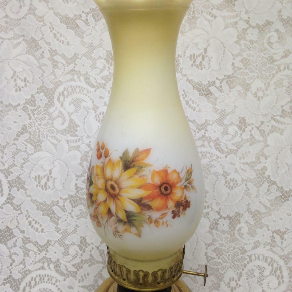 Brass Kerosene Lamp with Floral Milk Glass Chimney 18in x 10in