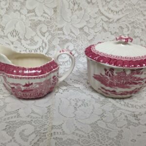 Antique, Spode-Copeland, England, Variant Red- Blue Willow 3pc Creamer and Sugar