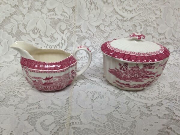 Antique, Spode-Copeland, England, Variant Red- Blue Willow 3pc Creamer and Sugar