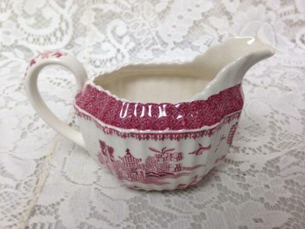 Antique, Spode-Copeland, England, Variant Red- Blue Willow 3pc Creamer and Sugar