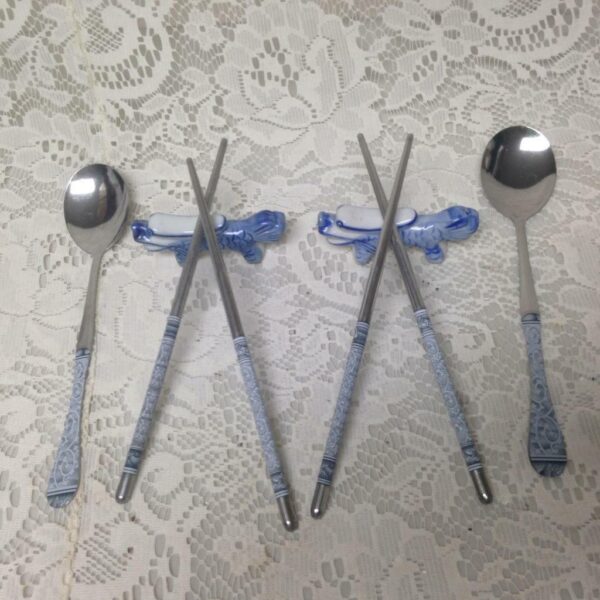 Aluminum Chopsticks, Spoons with Ceramic Flow Blue Foodog Stand (8pc Set)