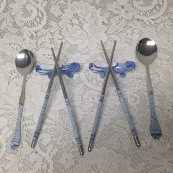 Aluminum Chopsticks, Spoons with Ceramic Flow Blue Foodog Stand (8pc Set)