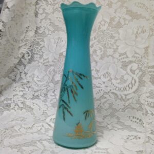 1950s Variant Blue Willow, Frosted Aquamarine Glass Bud Vase, 9in H x 3in Round