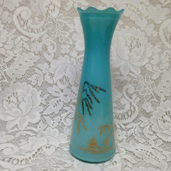 1950s Variant Blue Willow, Frosted Aquamarine Glass Bud Vase, 9in H x 3in Round