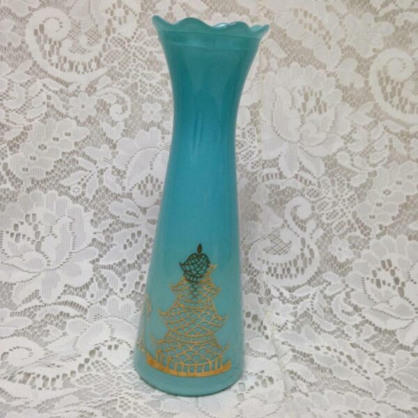 1950s Variant Blue Willow, Frosted Aquamarine Glass Bud Vase, 9in H x 3in Round