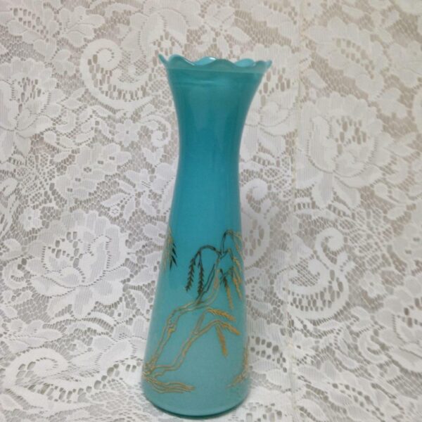 1950s Variant Blue Willow, Frosted Aquamarine Glass Bud Vase, 9in H x 3in Round