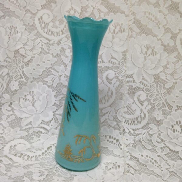 1950s Variant Blue Willow, Frosted Aquamarine Glass Bud Vase, 9in H x 3in Round