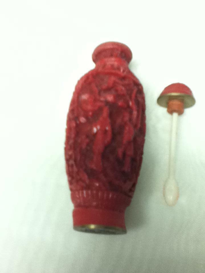 Vintage, 2pc Coral, Cinnabar Snuff Bottle 3.5in x 1.5in