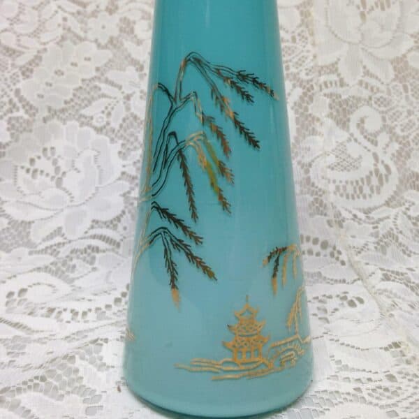 1950s Variant Blue Willow, Frosted Aquamarine Glass Bud Vase, 9in H x 3in Round