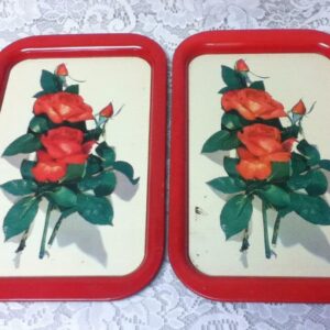 Vintage, Pair of Floral- Red Roses Tin Tray 15in x 9in