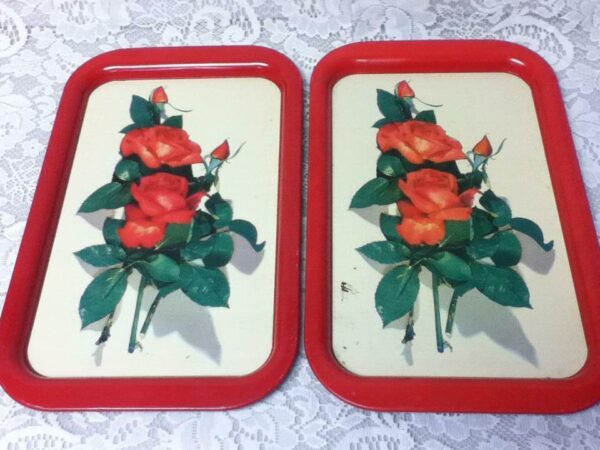 Vintage, Pair of Floral- Red Roses Tin Tray 15in x 9in