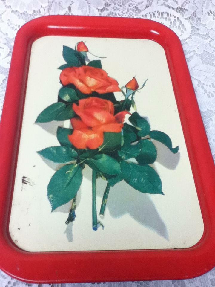 Vintage, Pair of Floral- Red Roses Tin Tray 15in x 9in