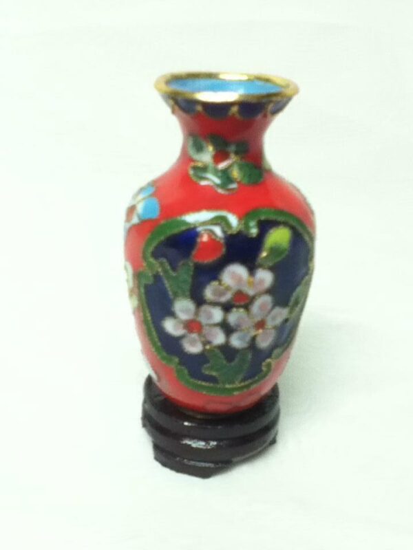 Vintage, Beautiful, 3.5in H x 2in D, Red Floral Cloissone’ Style Vase with Stand