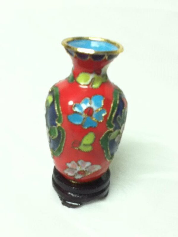 Vintage, Beautiful, 3.5in H x 2in D, Red Floral Cloissone’ Style Vase with Stand