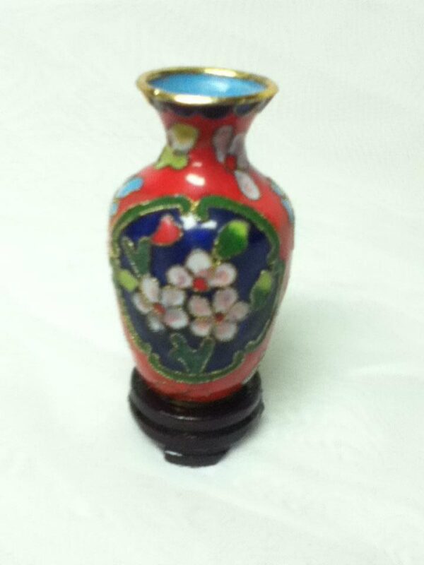 Vintage, Beautiful, 3.5in H x 2in D, Red Floral Cloissone’ Style Vase with Stand