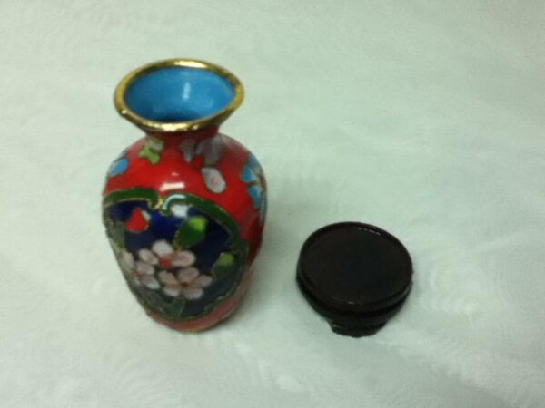 Vintage, Beautiful, 3.5in H x 2in D, Red Floral Cloissone’ Style Vase with Stand