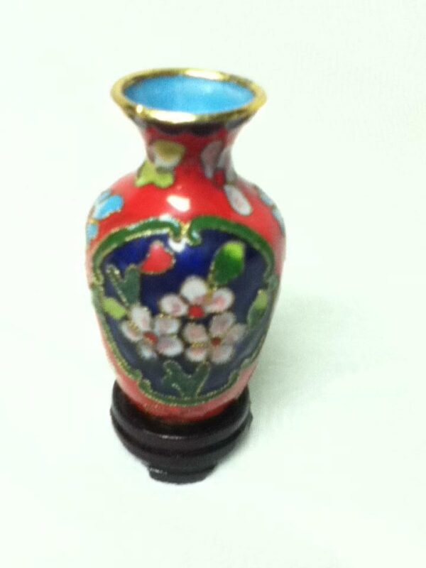 Vintage, Beautiful, 3.5in H x 2in D, Red Floral Cloissone’ Style Vase with Stand