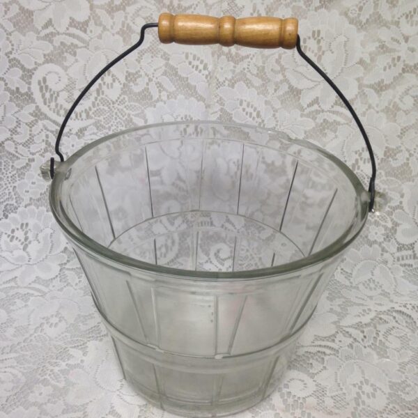 Vintage, Glass Bucket with Wooden-Wire Handle 10.5in x 7in x 5in