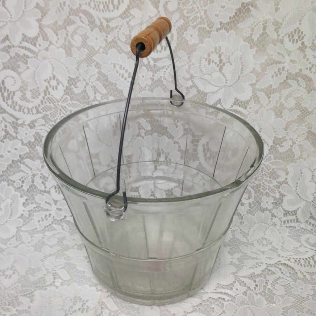 Vintage, Glass Bucket with Wooden-Wire Handle 10.5in x 7in x 5in