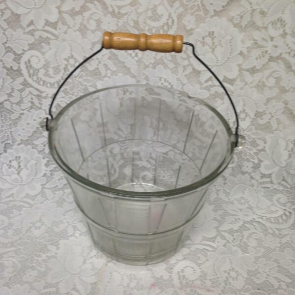 Vintage, Glass Bucket with Wooden-Wire Handle 10.5in x 7in x 5in