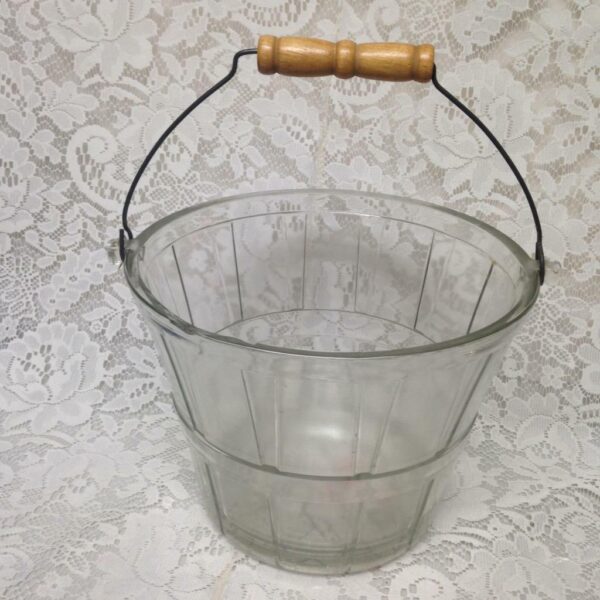 Vintage, Glass Bucket with Wooden-Wire Handle 10.5in x 7in x 5in