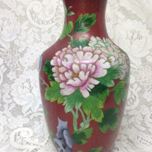 Vintage, Beautiful, Large 10.5in x 5in Red Floral Cloissone’ Vase