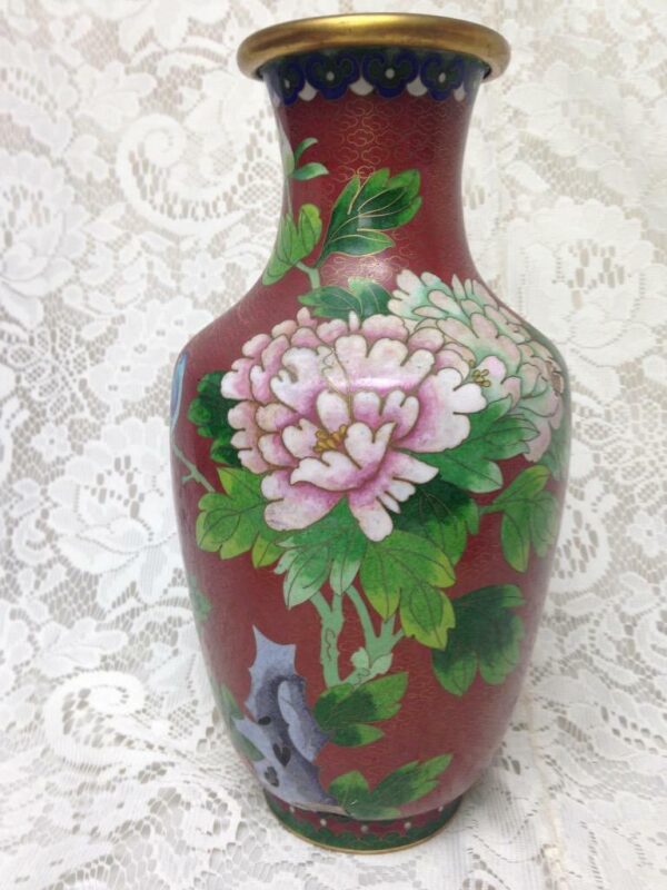 Vintage, Beautiful, Large 10.5in x 5in Red Floral Cloissone’ Vase