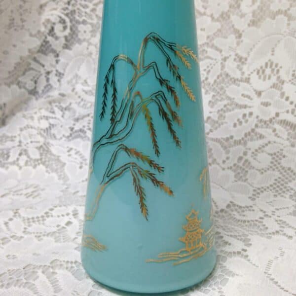 1950s Variant Blue Willow, Frosted Aquamarine Glass Bud Vase, 9in H x 3in Round