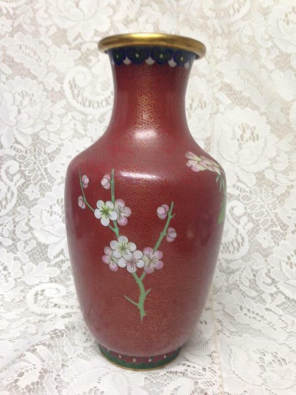 Vintage, Beautiful, Large 10.5in x 5in Red Floral Cloissone’ Vase