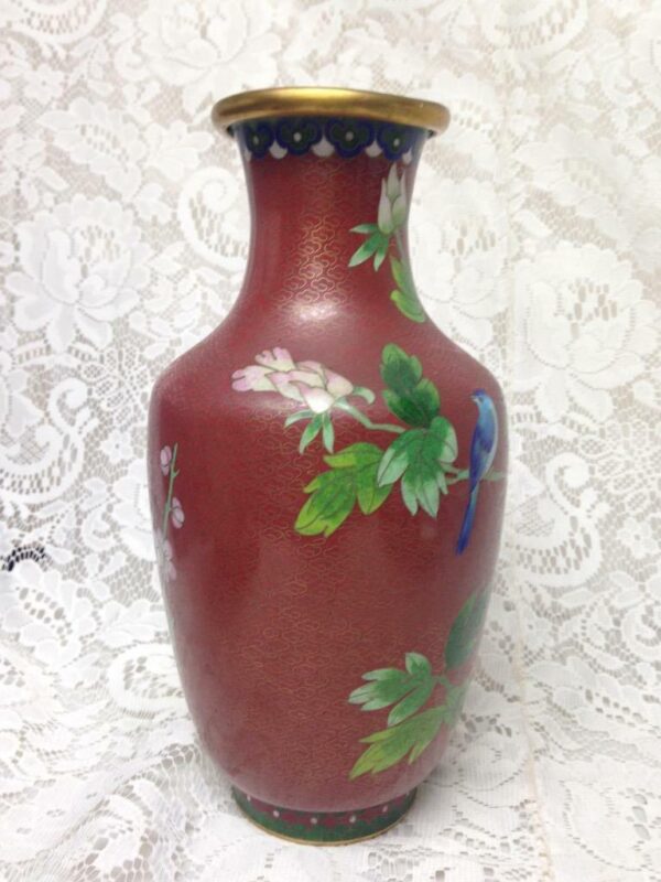 Vintage, Beautiful, Large 10.5in x 5in Red Floral Cloissone’ Vase