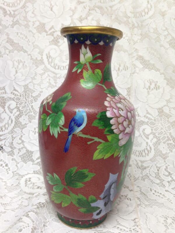 Vintage, Beautiful, Large 10.5in x 5in Red Floral Cloissone’ Vase