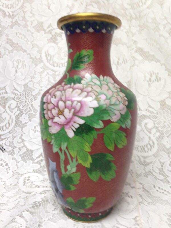 Vintage, Beautiful, Large 10.5in x 5in Red Floral Cloissone’ Vase