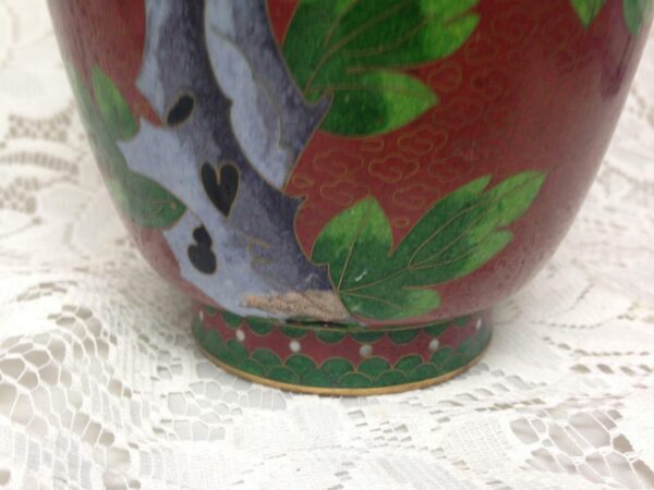 Vintage, Beautiful, Large 10.5in x 5in Red Floral Cloissone’ Vase